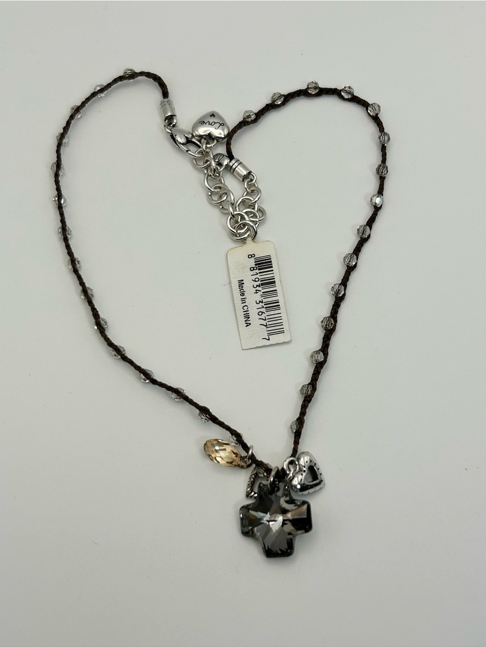 Brighton Karma Cross Necklace Brown Beaded Cord Smoky Gray Crystal Cross J45372 - Picture 6 of 14